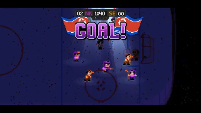 Super Blood Hockey — a goal celebration in a dark rink