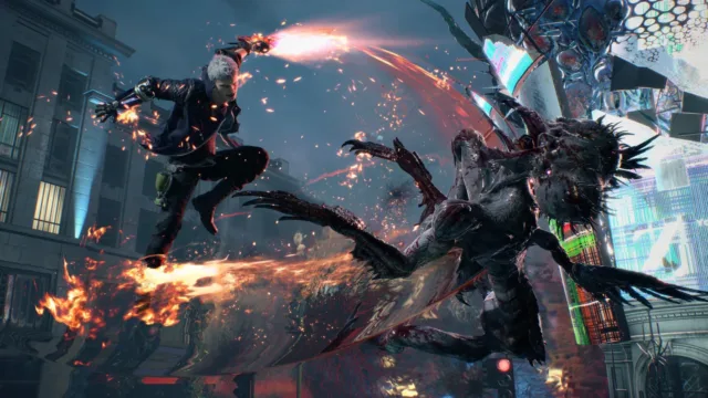 Devil May Cry 5 — a demon hunter fighting in a city street