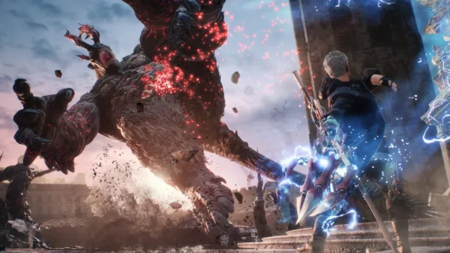 Devil May Cry 5 — a large creature erupting amid debris