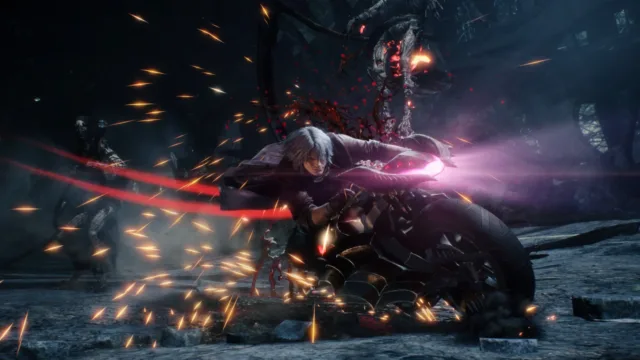 Devil May Cry 5 — a weapon attack sending sparks across a dark scene