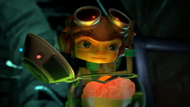 Psychonauts 2 — Raz holding a brain in a dark room