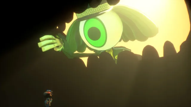 Psychonauts 2 — a stylised face illuminated in yellow and green