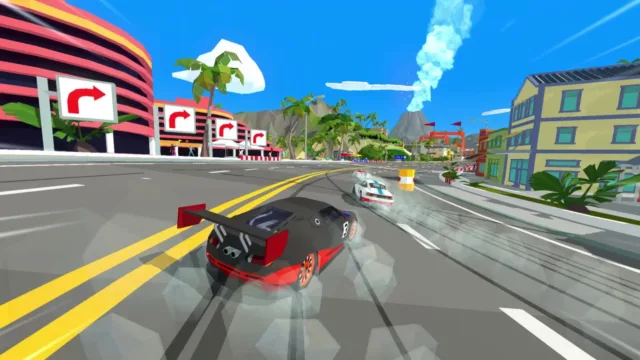 Hotshot Racing — a low-poly race car drifting through a town