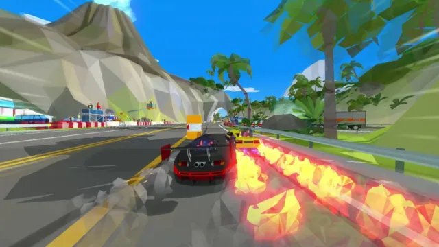 Hotshot Racing — flames trailing a car on a tropical road