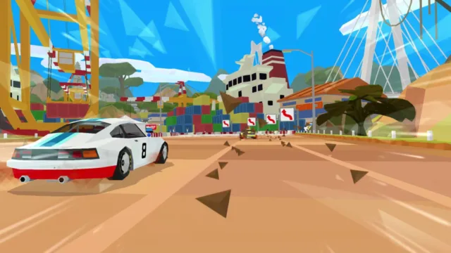 Hotshot Racing — cars approaching a seaside amusement area