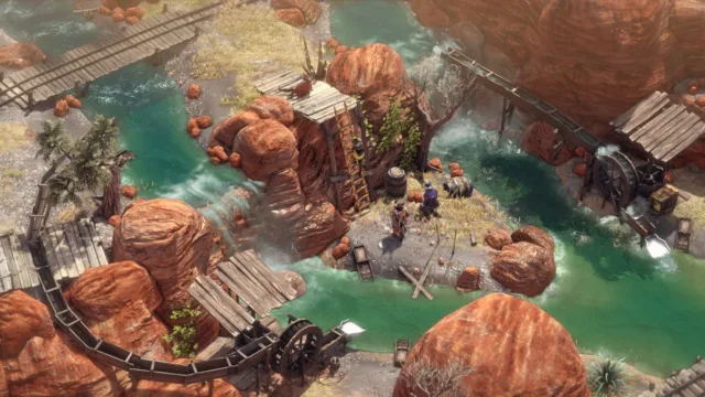 Desperados III — a tactical view of a rocky riverside settlement