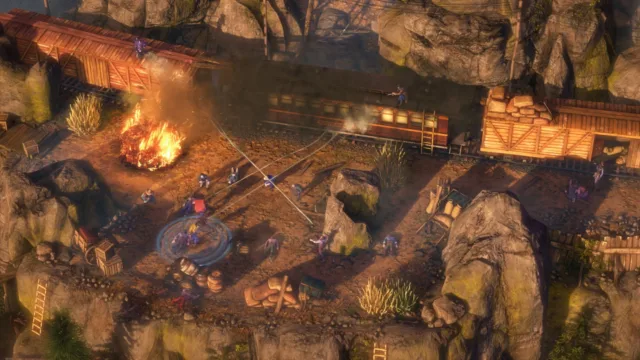 Desperados III — a burning location and surrounding patrol routes