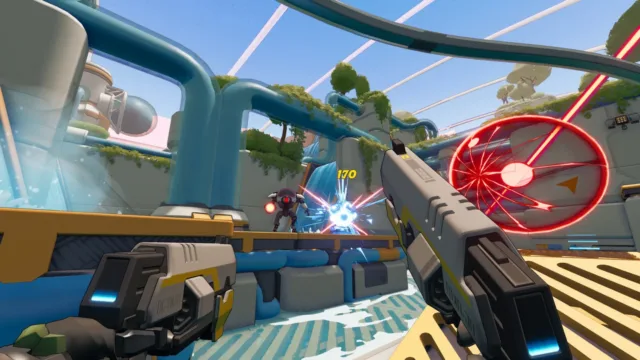 Roboquest — a weapon aimed across a blue industrial arena
