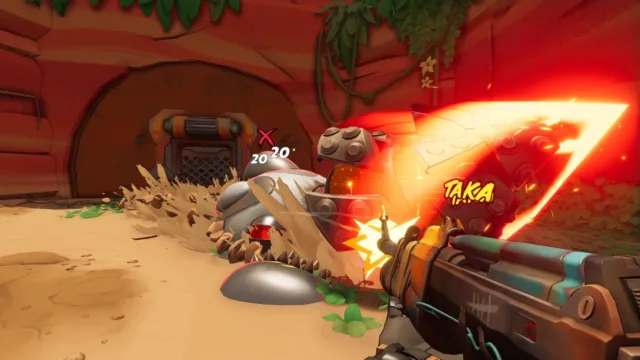 Roboquest — a glowing slash beside a canyon robot