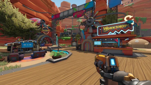 Roboquest — a workshop area with robot characters