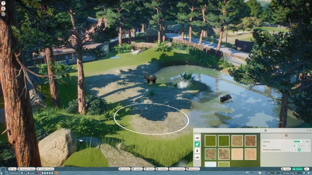 Planet Zoo — an overhead habitat view with building controls