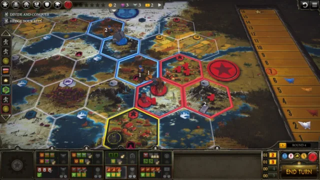Scythe: Digital Edition — mechs and controlled territories on the hex map