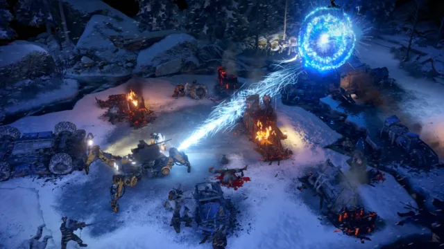 Wasteland 3 — a snowy battle lit by blue energy