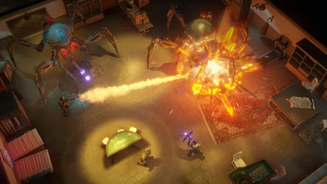 Wasteland 3 — an indoor fight with a bright flame attack