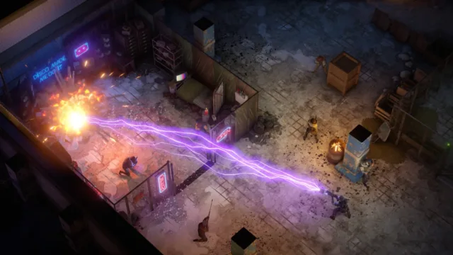 Wasteland 3 — purple electrical effects in a ruined room