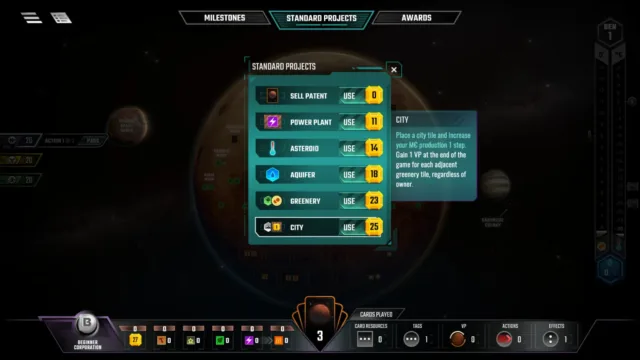 Terraforming Mars — a panel listing game actions and costs