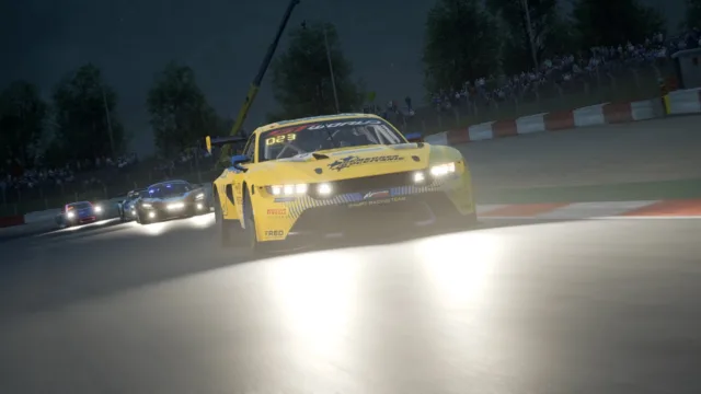 Assetto Corsa Competizione — a yellow car leading a group through a corner