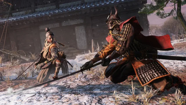 Sekiro: Shadows Die Twice - GOTY Edition — sword fighters facing one another in a snowy courtyard