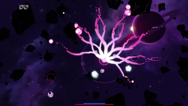 Nova Drift — purple branching energy among asteroids
