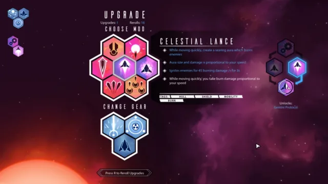 Nova Drift — the Celestial Lance upgrade selection panel