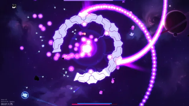 Nova Drift — a curved trail of luminous projectiles