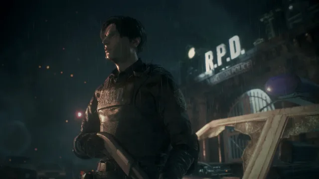 Resident Evil 2 (2019) — Leon outside the Raccoon Police Department