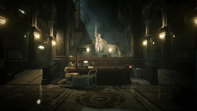 Resident Evil 2 (2019) — the station main hall under dim lights