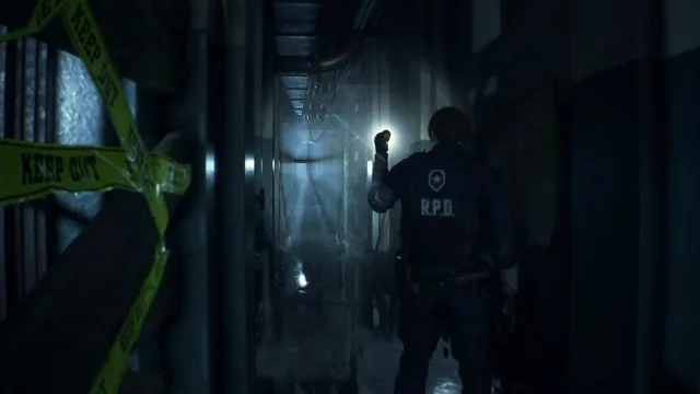 Resident Evil 2 (2019) — a flashlight illuminating a corridor