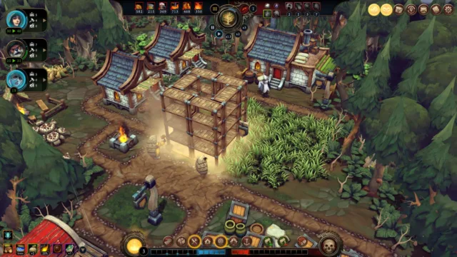 Against the Storm — PC screenshot: A woodland settlement with production buildings