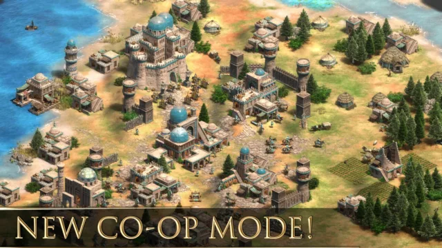 Age of Empires II: Definitive Edition — PC screenshot: A coastal settlement in a cooperative scenario