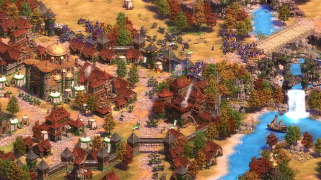 Age of Empires II: Definitive Edition — PC screenshot: A fortified town and its surrounding landscape