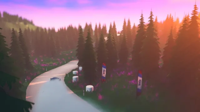 art of rally — PC screenshot: A car driving beside a forest stream