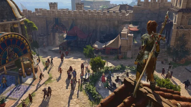 Baldur's Gate 3 — PC screenshot: A party walking through a settlement