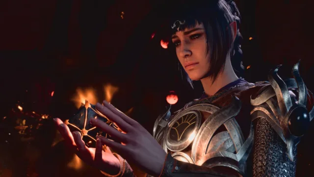 Baldur's Gate 3 — PC screenshot: A character examining a glowing object