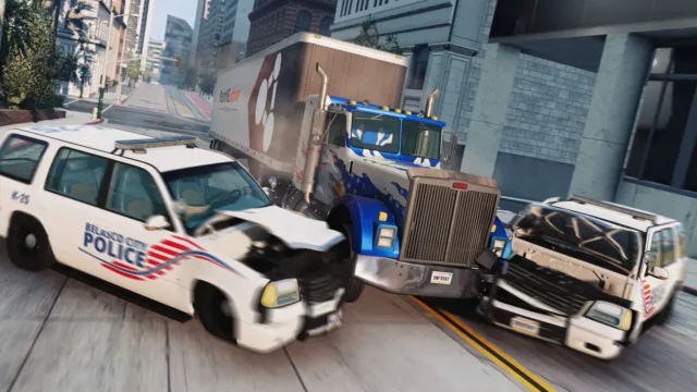 BeamNG.drive — PC screenshot: A truck and damaged police vehicles