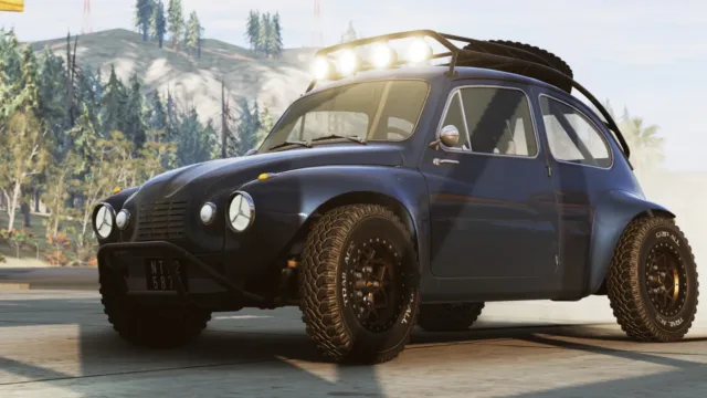 BeamNG.drive — PC screenshot: A compact car on rough terrain