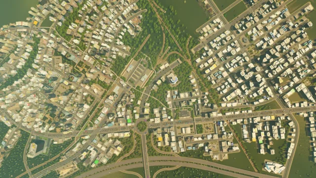 Cities: Skylines — PC screenshot: An overhead view of residential neighborhoods