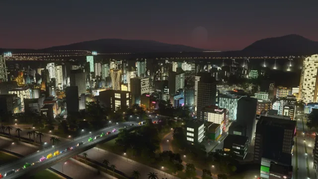 Cities: Skylines — PC screenshot: A city skyline illuminated at night