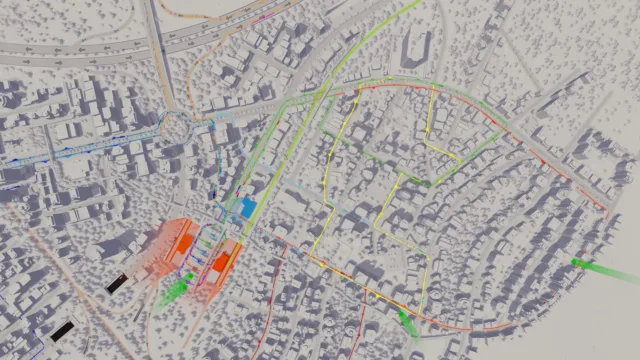 Cities: Skylines — PC screenshot: A city map with transport overlays