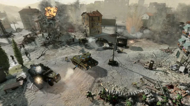 Company of Heroes 3 — PC screenshot: An infantry battle beside ruined buildings