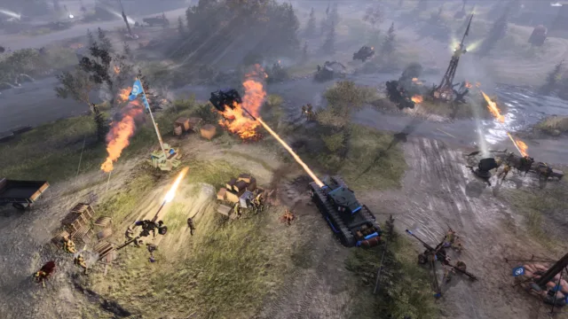 Company of Heroes 3 — PC screenshot: Smoke and vehicles around a church