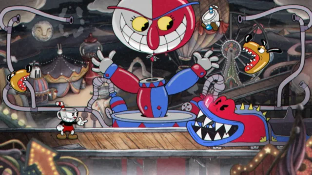 Cuphead — PC screenshot: A boss encounter with a large mechanical enemy