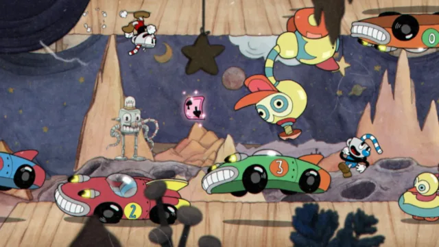 Cuphead — PC screenshot: An illustrated montage of colorful encounters