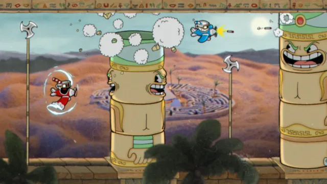 Cuphead — PC screenshot: A side-scrolling fight among pipes and platforms