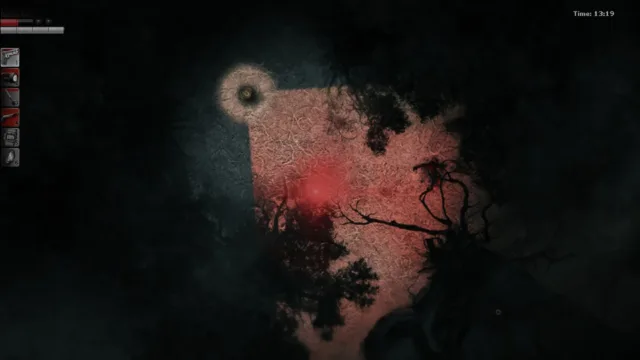Darkwood — PC screenshot: A red-lit scene in a dark wooded area