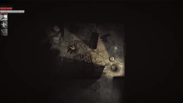 Darkwood — PC screenshot: A character moving through a dim overhead scene