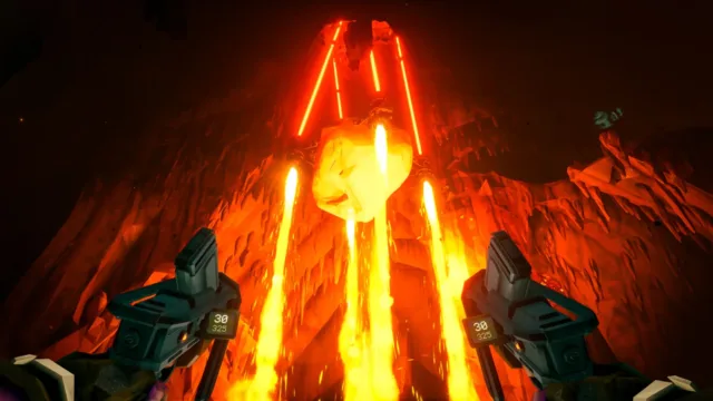 Deep Rock Galactic — PC screenshot: Mining beside a glowing lava formation
