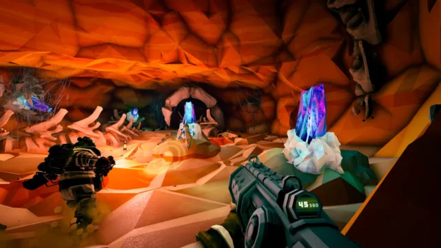 Deep Rock Galactic — PC screenshot: Exploring a cave filled with colorful minerals