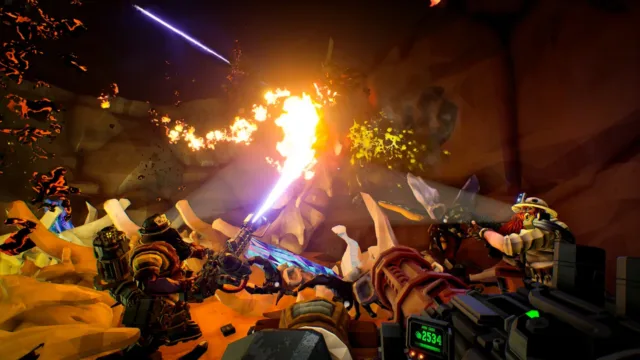 Deep Rock Galactic — PC screenshot: A firefight among cave creatures