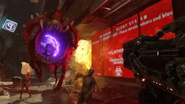 DOOM Eternal — PC screenshot: Combat with a floating demon inside a facility